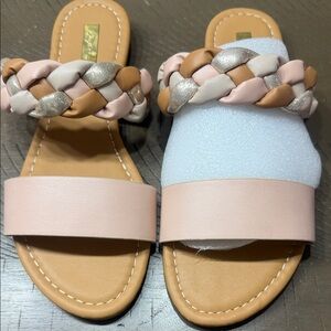 Qupid Women's Braided Sandals - Pink, Tan, and Silver